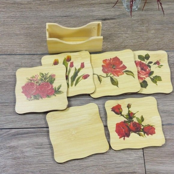 Coaster Set Wooden Flowers Drinks Coaster w/Holder Home Housewarming Gift VTG - Picture 7 of 7